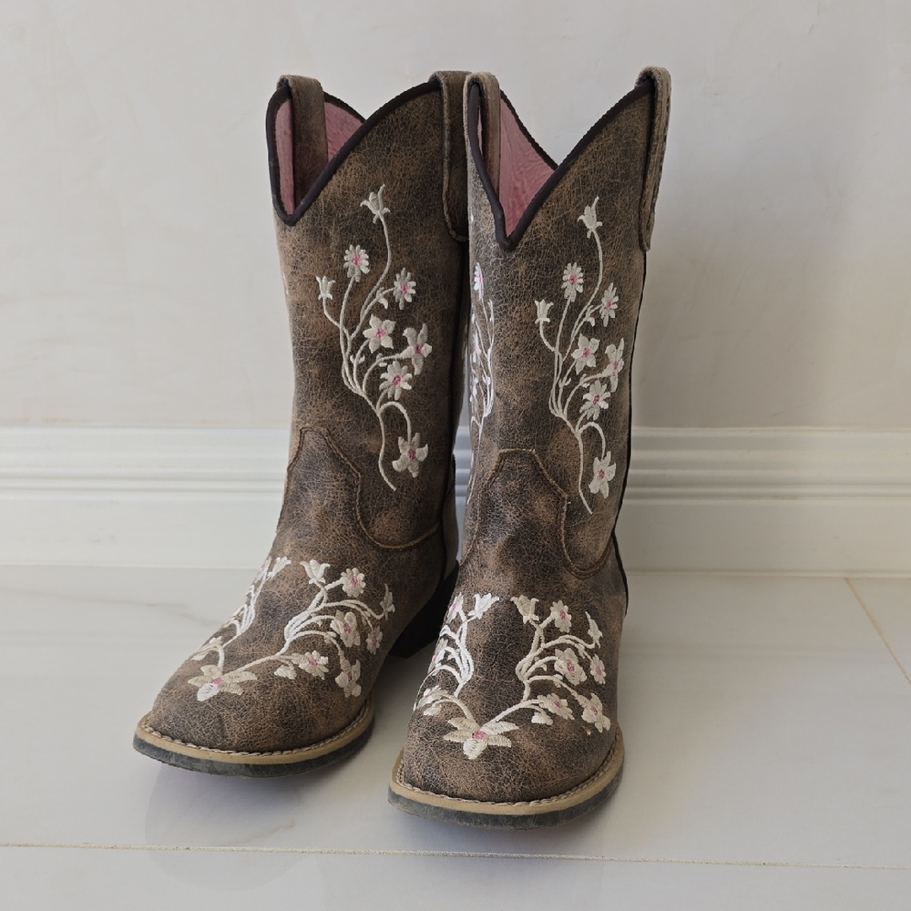 Twister Brown Kids Boots with Floral Embroidery